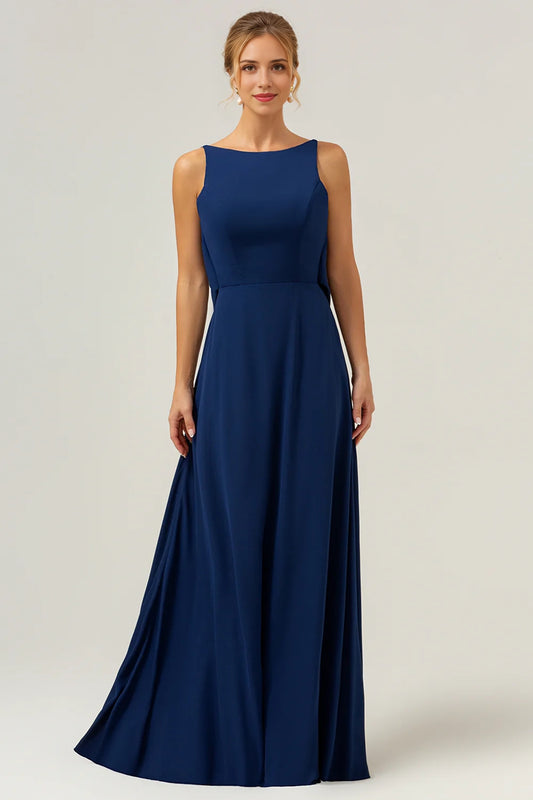 Mermaid backless chiffon navy long sleeveless mom dress