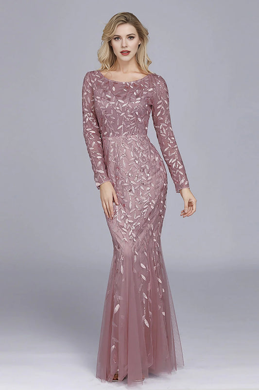 Mermaid boat neck evening gown with decals