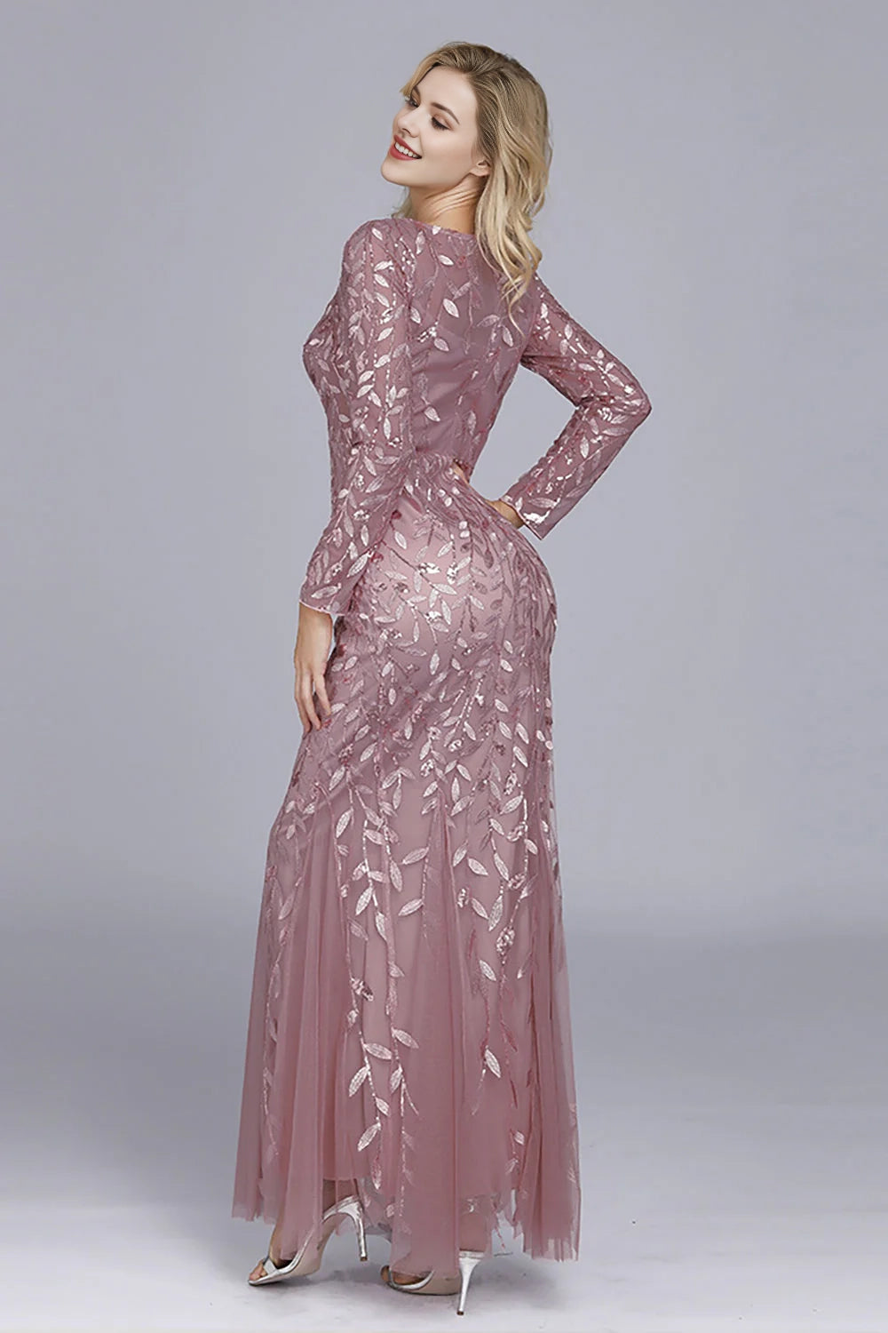 Mermaid boat neck evening gown with decals