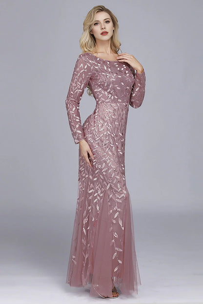 Mermaid boat neck evening gown with decals