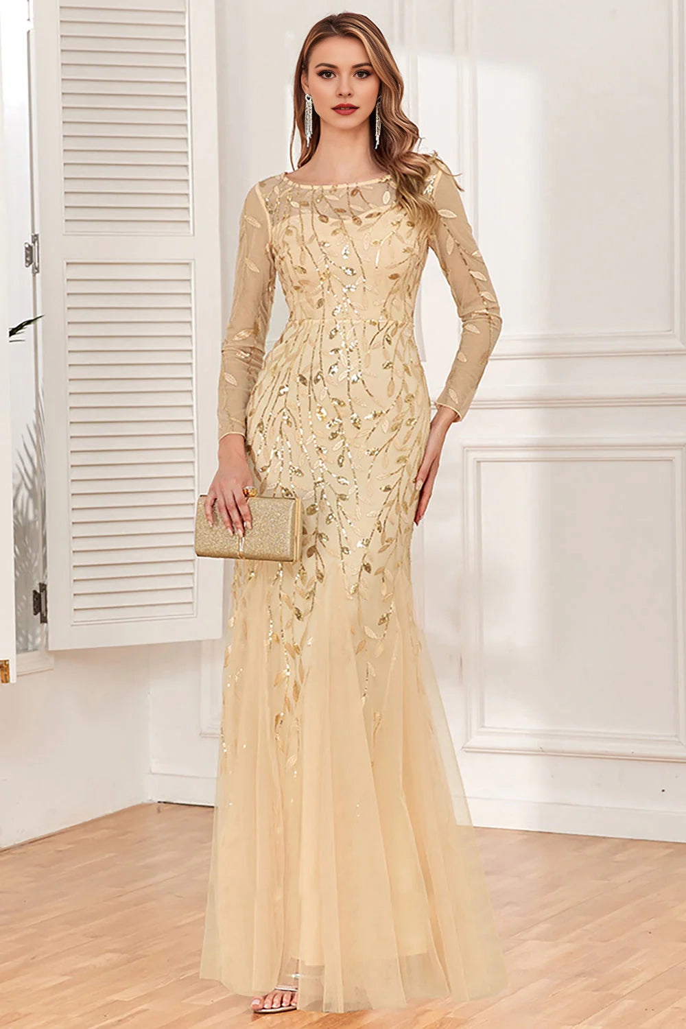 Mermaid boat neck evening gown with decals