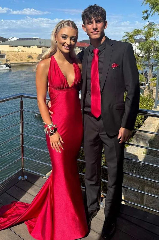 Mermaid deep V-neck sleeveless pleated satin long ball gown