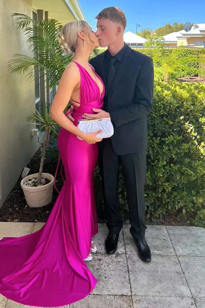Mermaid deep V-neck sleeveless pleated satin long ball gown