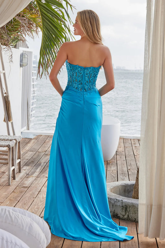 Mermaid deep v strapless dress with side slit