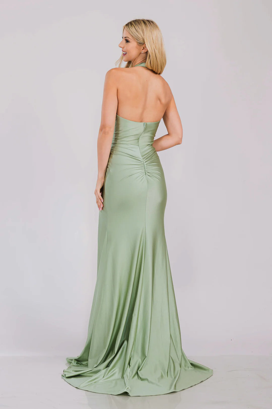 Mermaid neck hanging deep v backless dress with side slit