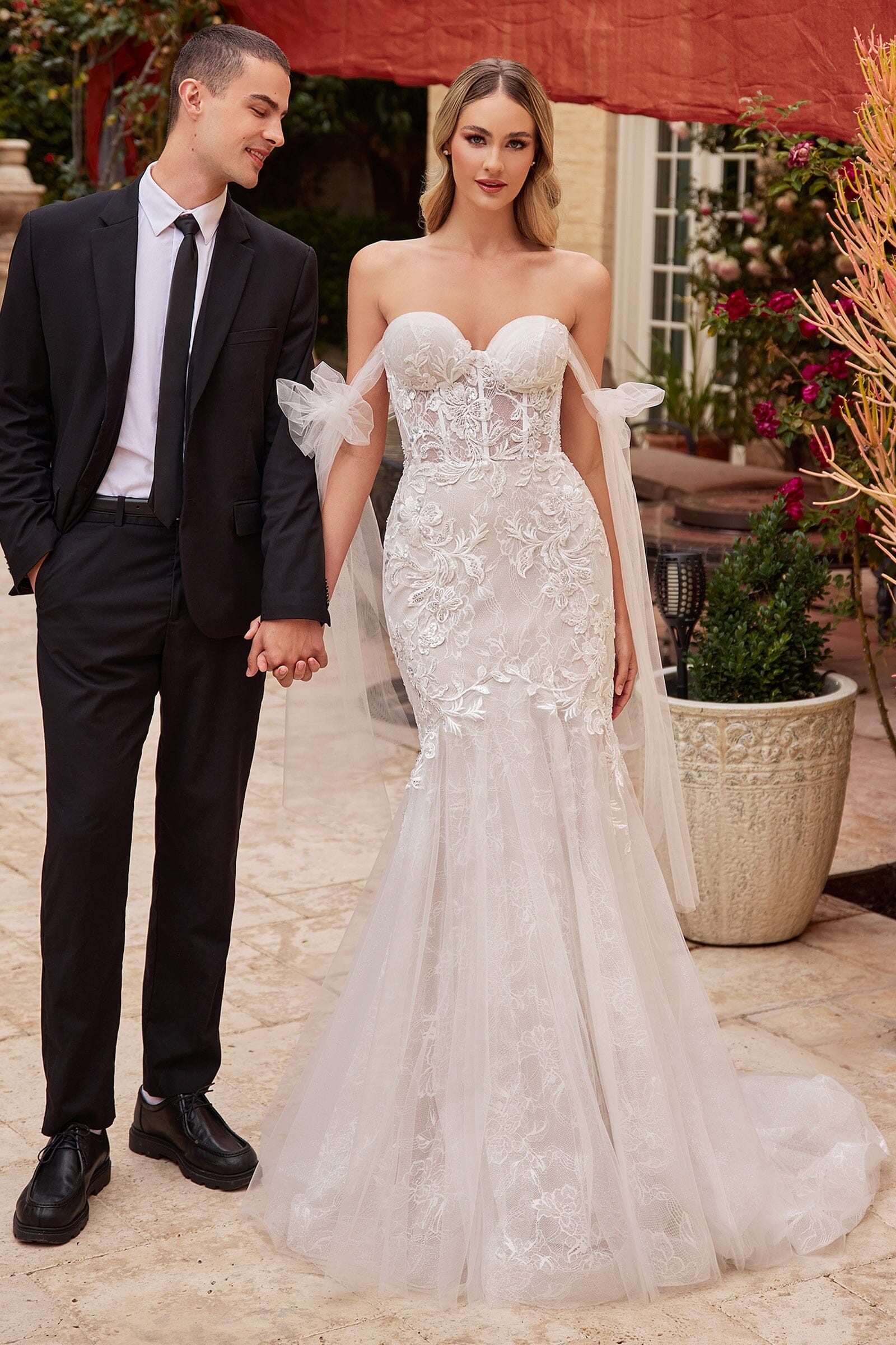 Mermaid off shoulder lace tight corset bridal gown