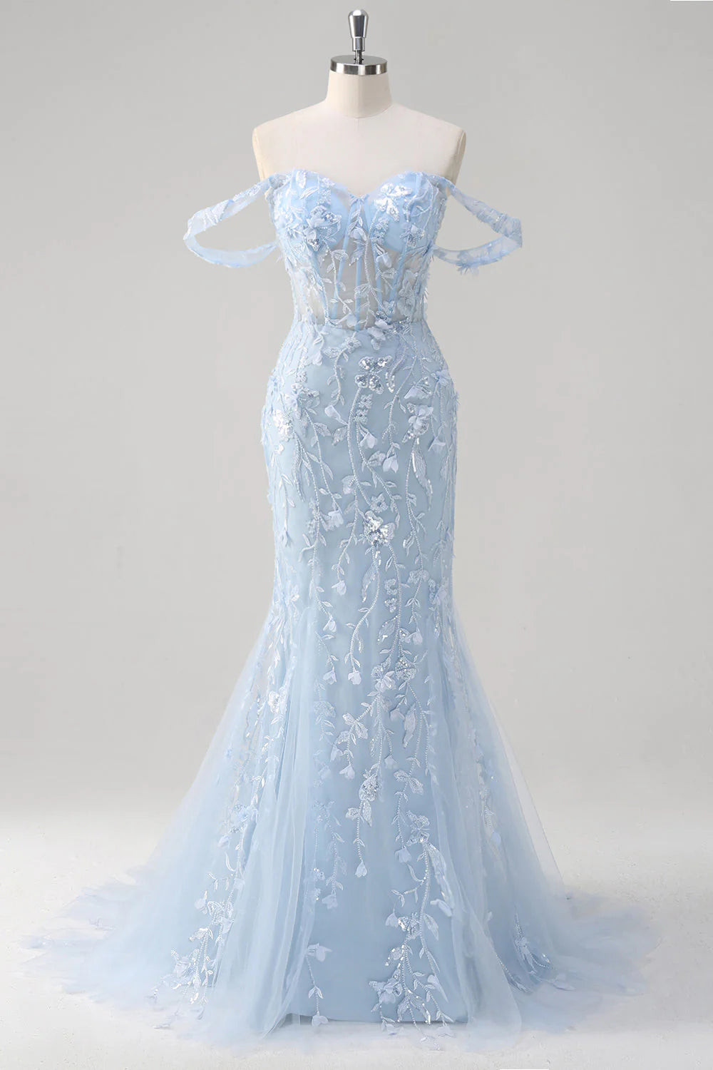 Mermaid off shoulder sequin tight corset flower ball dress with decals