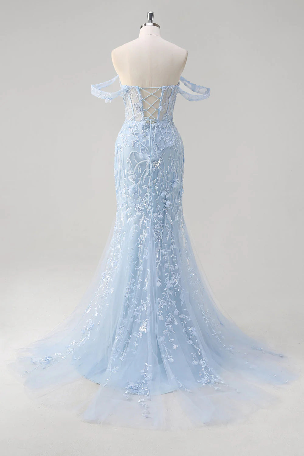 Mermaid off shoulder sequin tight corset flower ball dress with decals