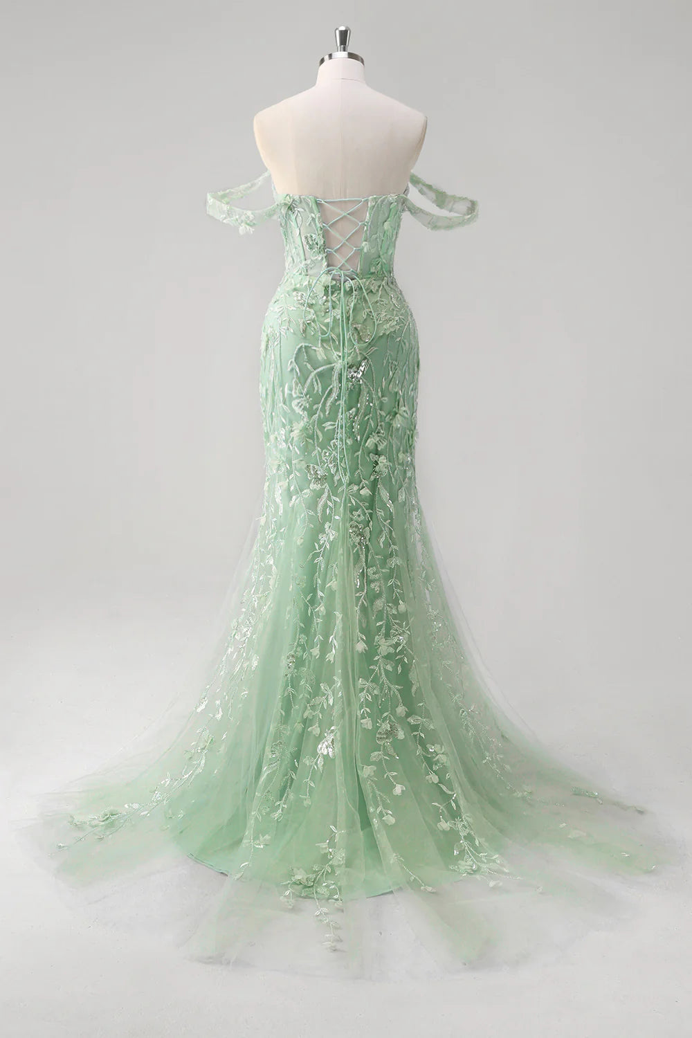 Mermaid off shoulder sequin tight corset flower ball dress with decals