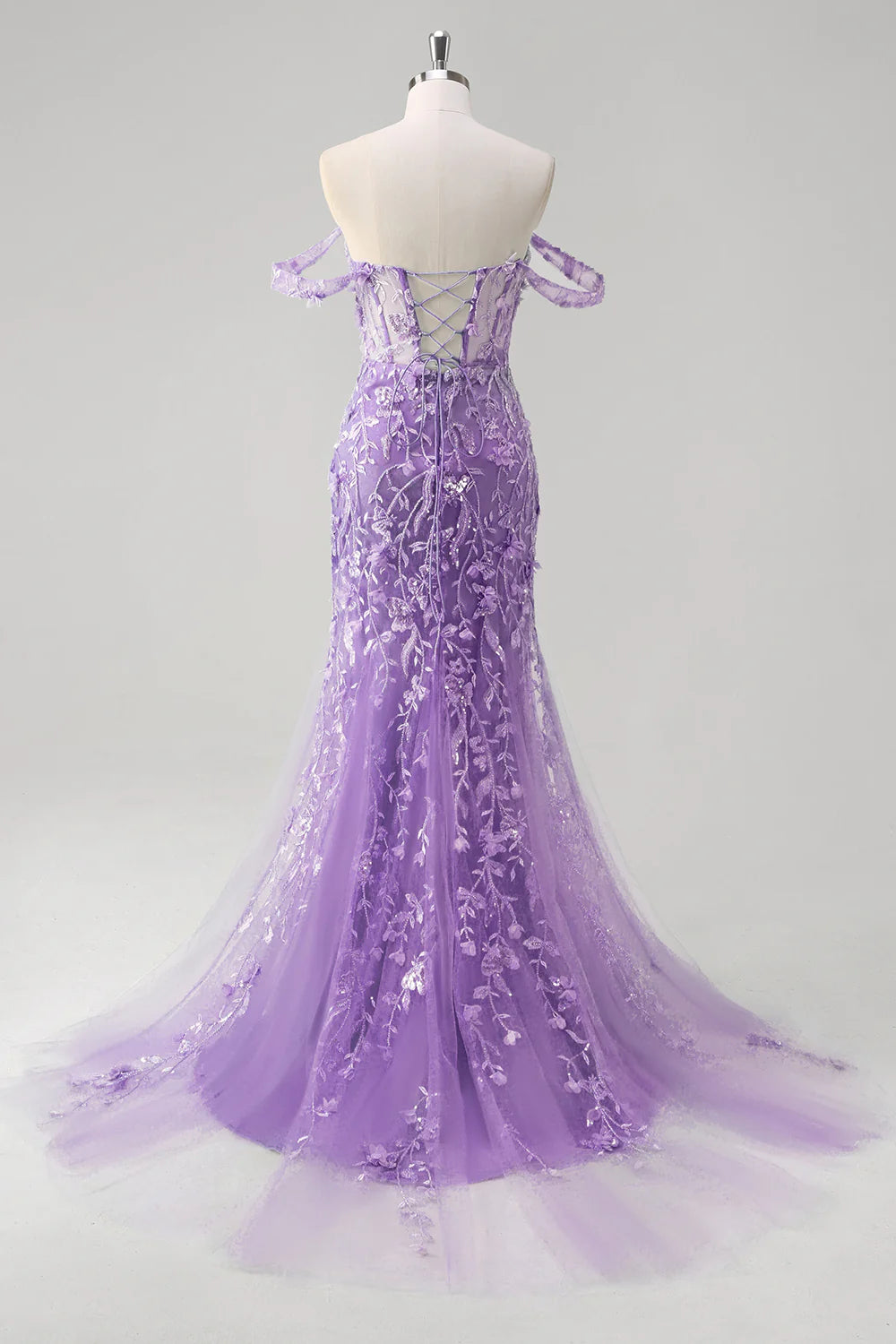 Mermaid off shoulder sequin tight corset flower ball dress with decals