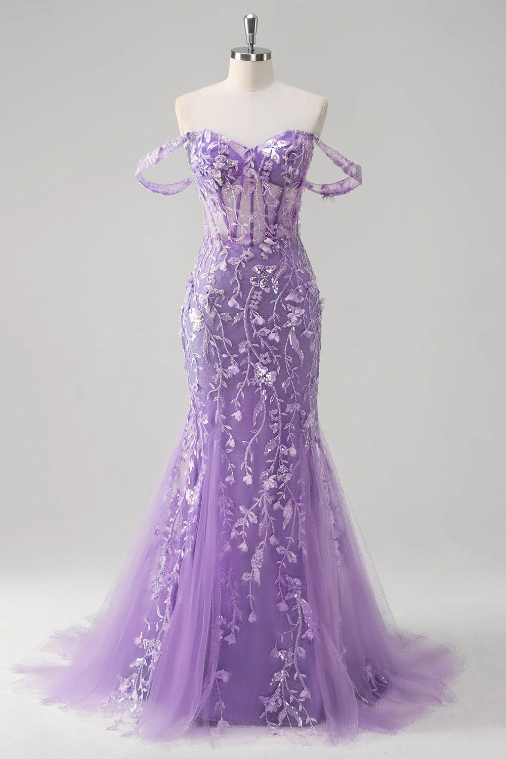 Mermaid off shoulder sequin tight corset flower ball dress with decals