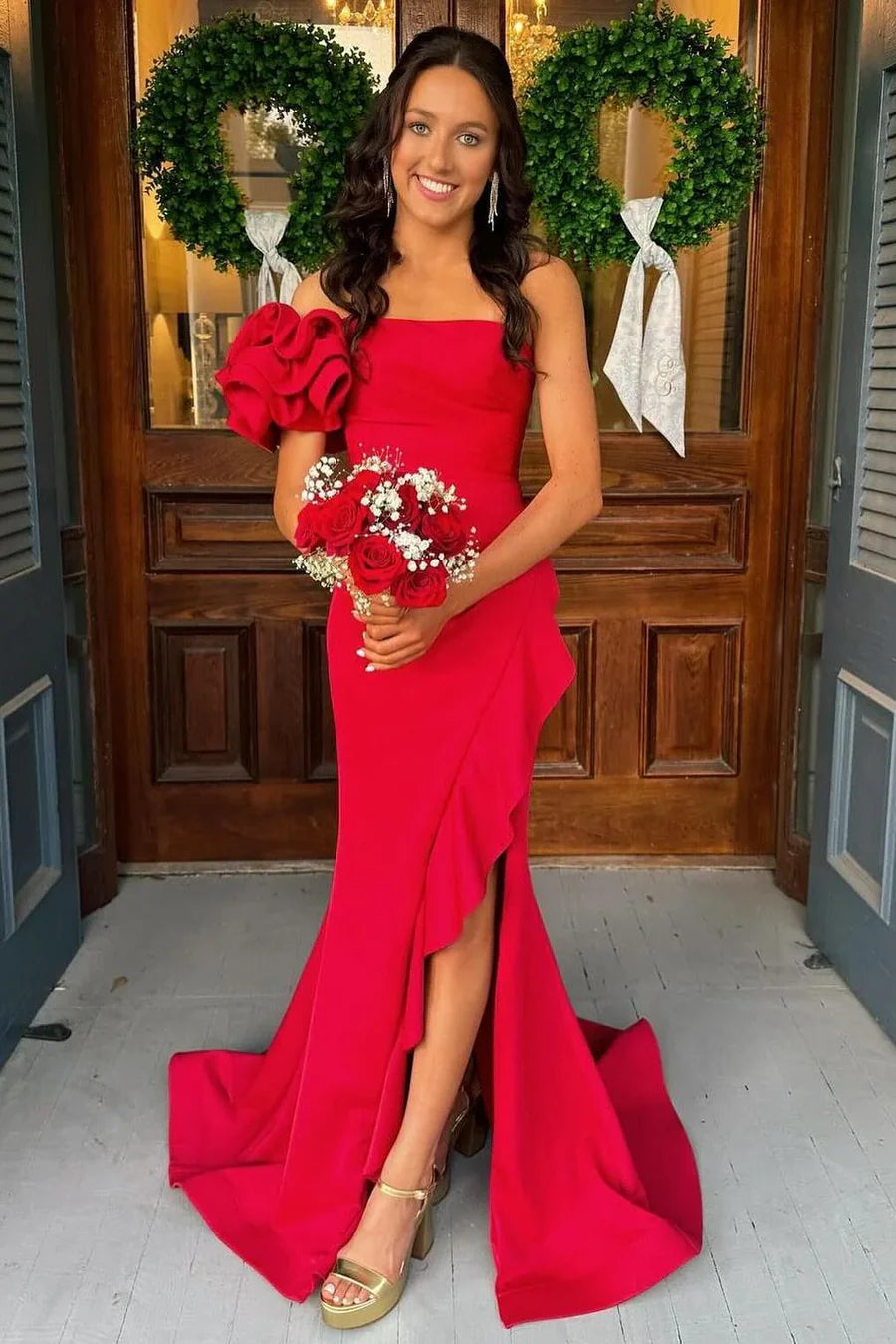Mermaid pleated satin side seam long ball gown