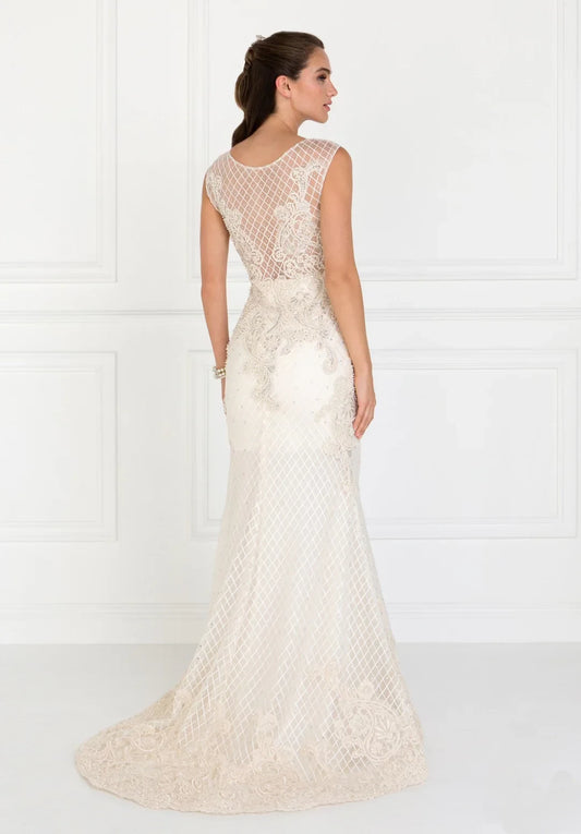 Mermaid round neck sleeveless lace applique dress