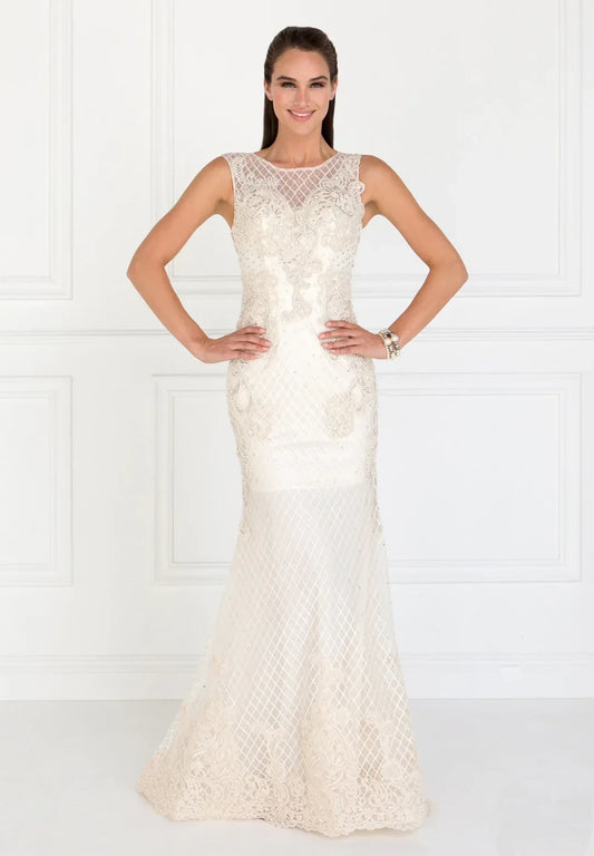 Mermaid round neck sleeveless lace applique dress