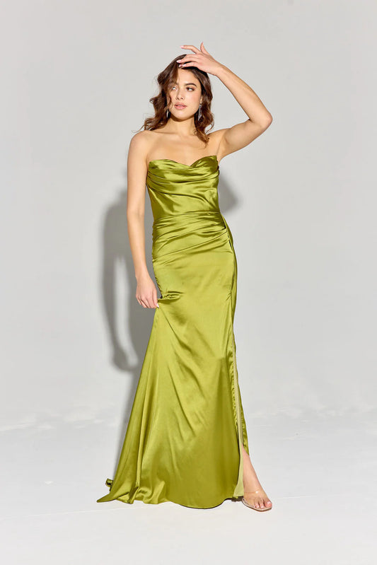 Mermaid satin strapless dress with side slit