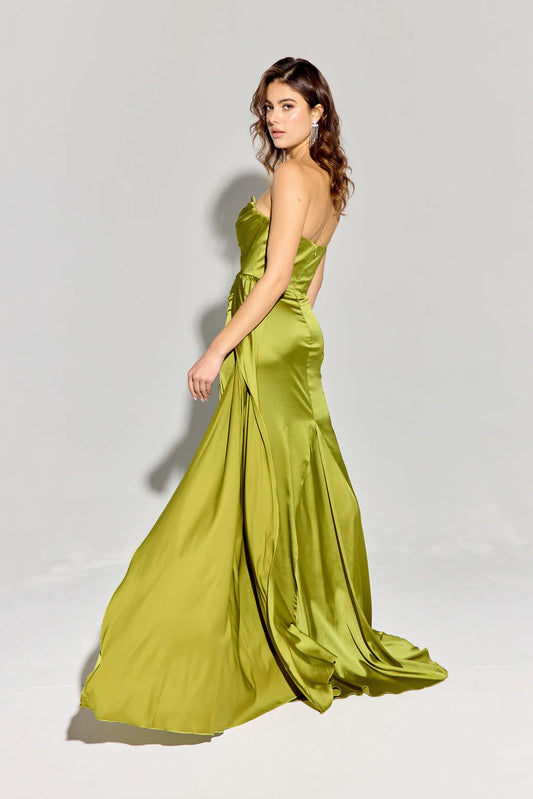 Mermaid satin strapless dress with side slit