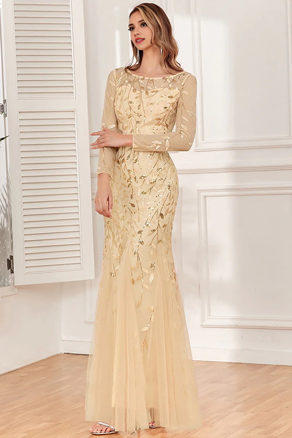 Mermaid sequin chiffon long sleeved evening gown