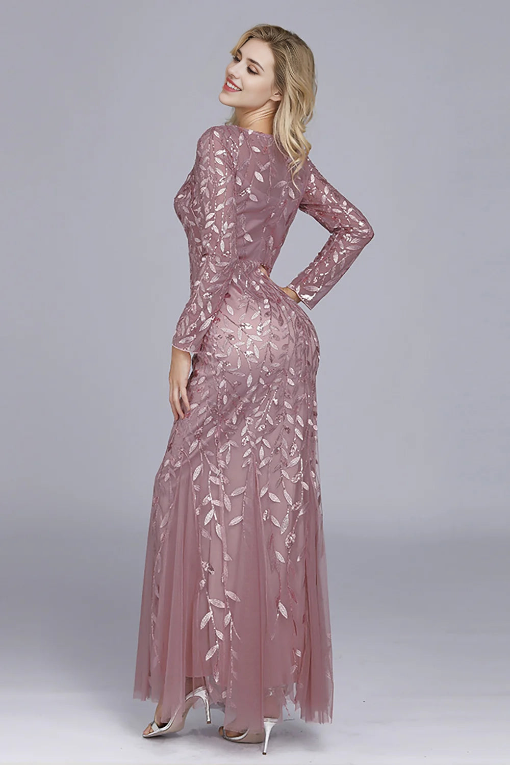Mermaid sequin chiffon long sleeved evening gown