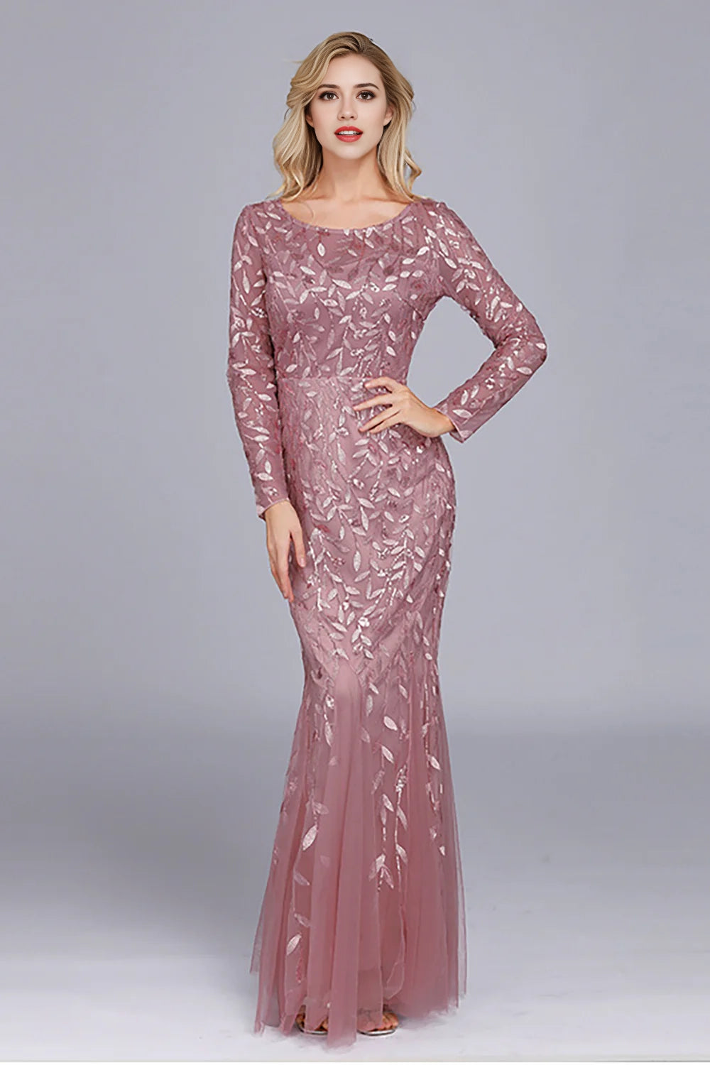 Mermaid sequin chiffon long sleeved evening gown
