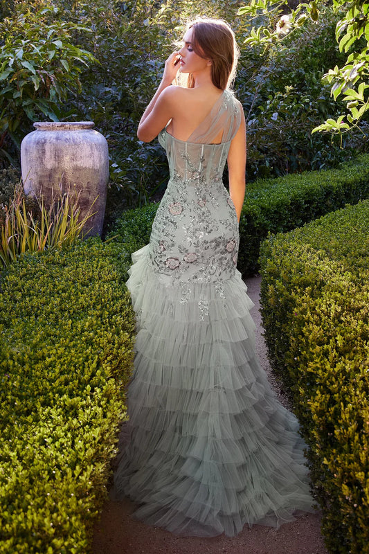 Mermaid single shoulder strap transparent corset dress with side slit and multi-layer sheer hem