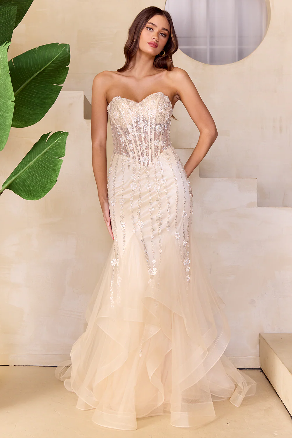 Mermaid sleeveless tight corset dress with sheer hem patchwork