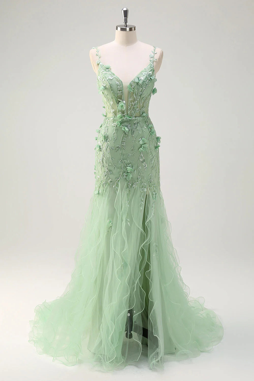 Mermaid spaghetti strap back ball dress with 3D flowers