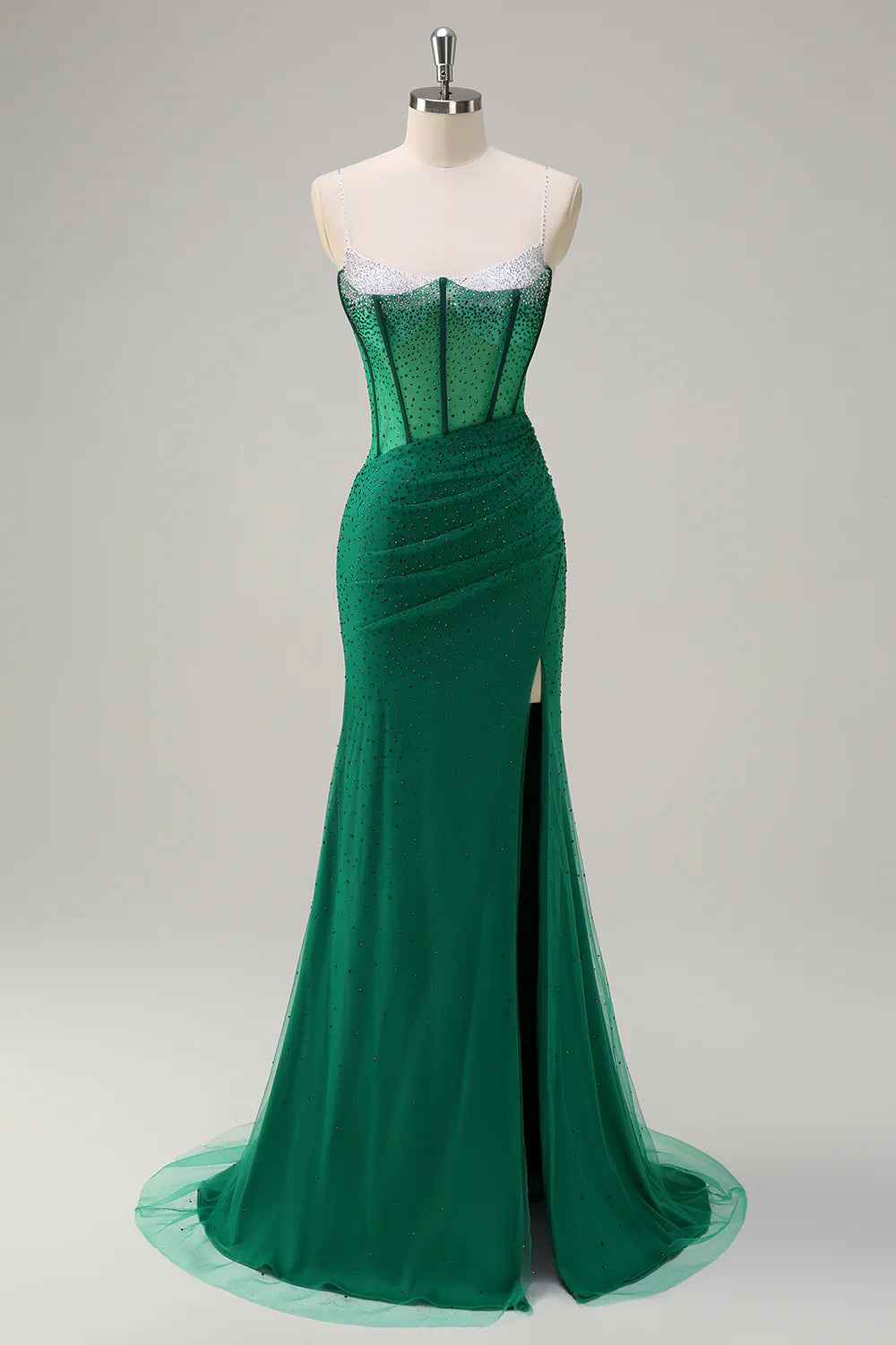 Mermaid spaghetti strap high waisted beaded long ball dress