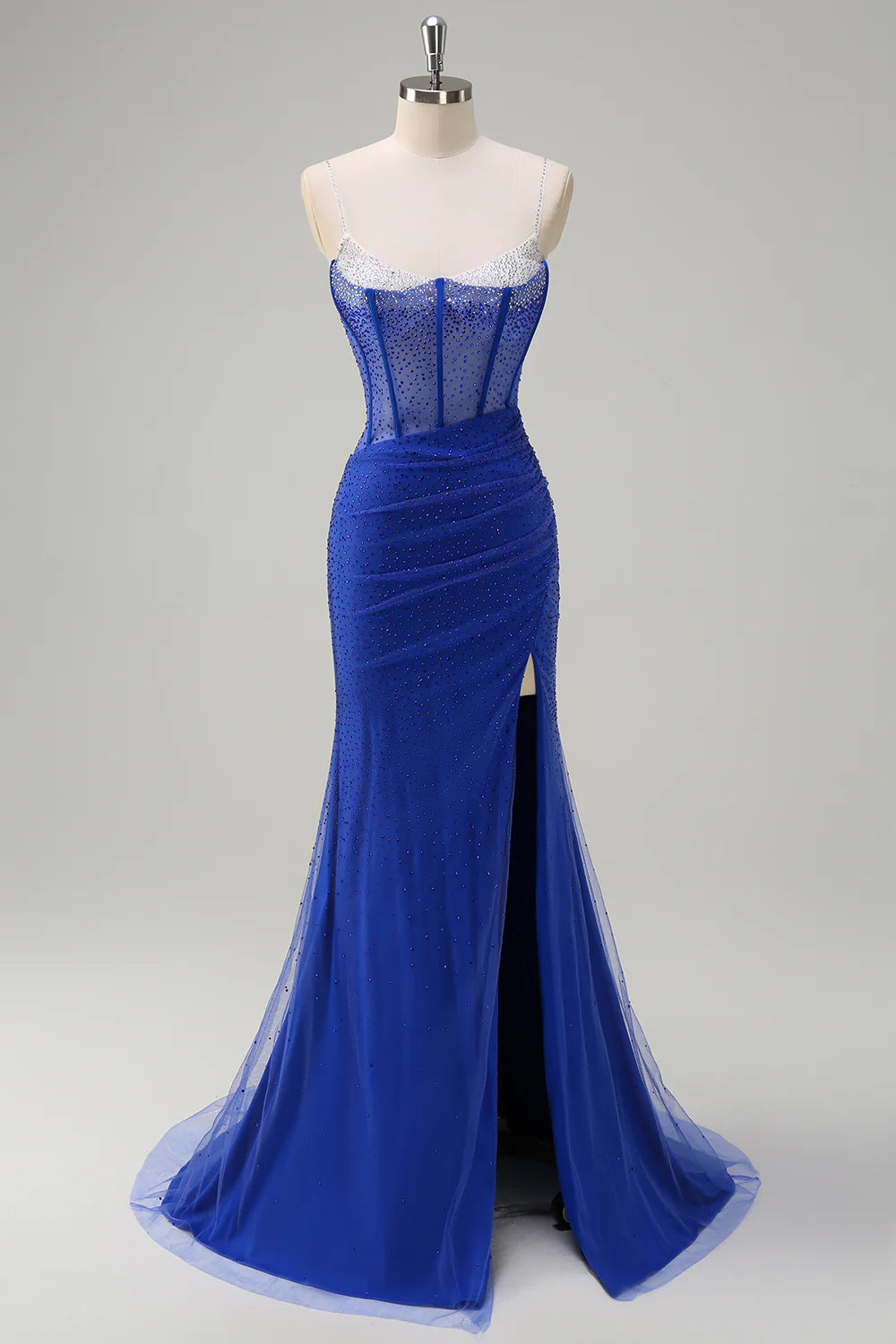 Mermaid spaghetti strap high waisted beaded long ball dress