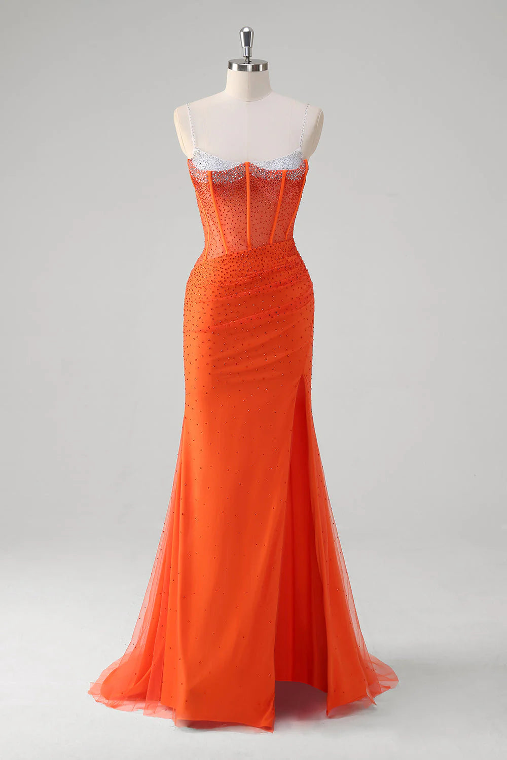 Mermaid spaghetti strap high waisted beaded long ball dress