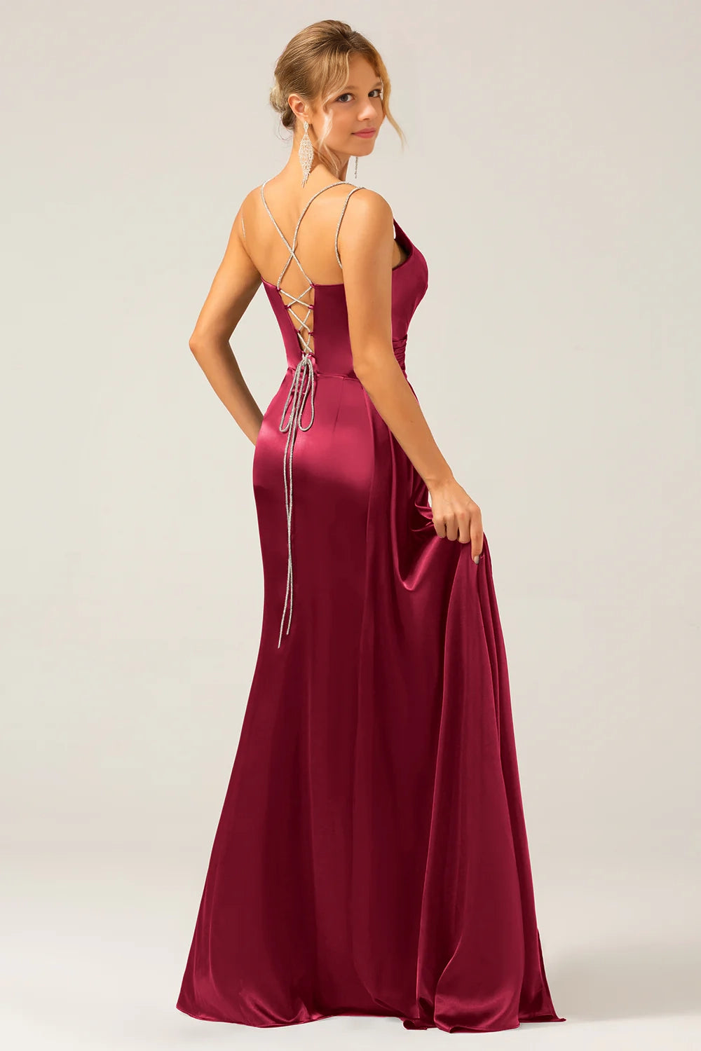 Mermaid spaghetti strap pleated sequin long skirt with slit