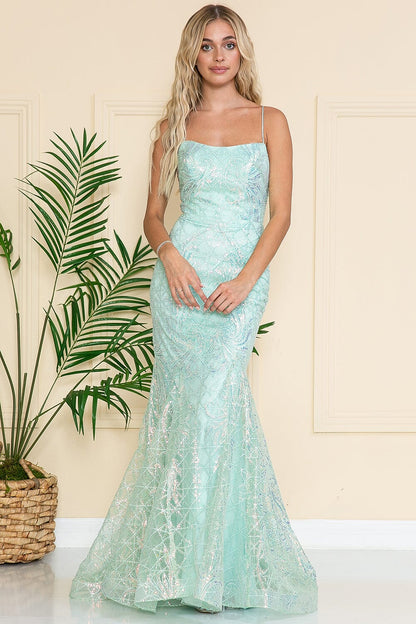 Mermaid square neck slim suspender dress with grid sequins