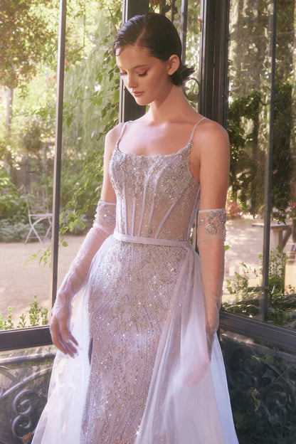 Mermaid square neck thin suspender transparent corset dress with side slit chiffon tail detachable