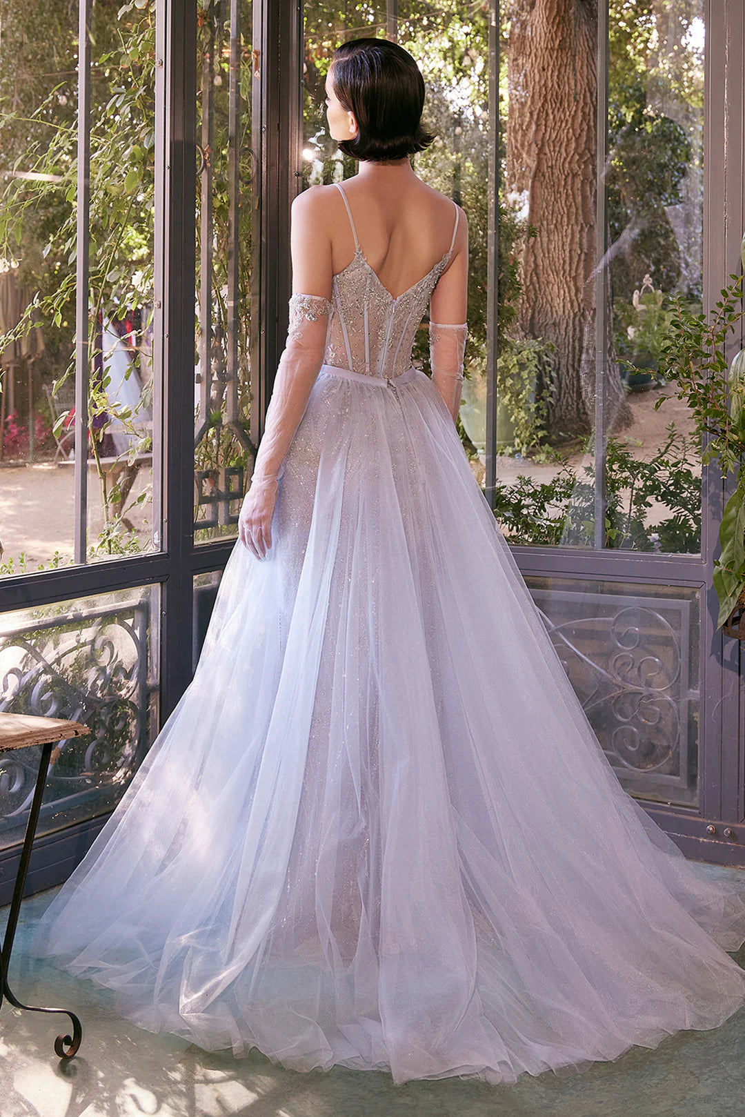 Mermaid square neck thin suspender transparent corset dress with side slit chiffon tail detachable
