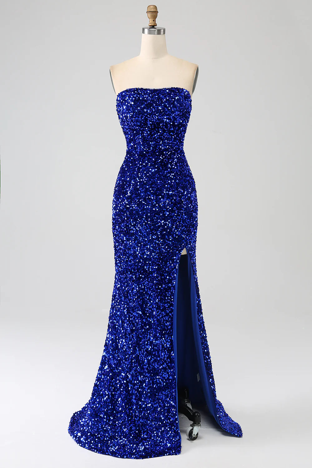 Mermaid strapless sequin long slit ball gown