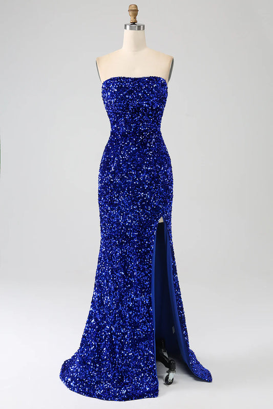 Mermaid strapless sequin long slit ball gown