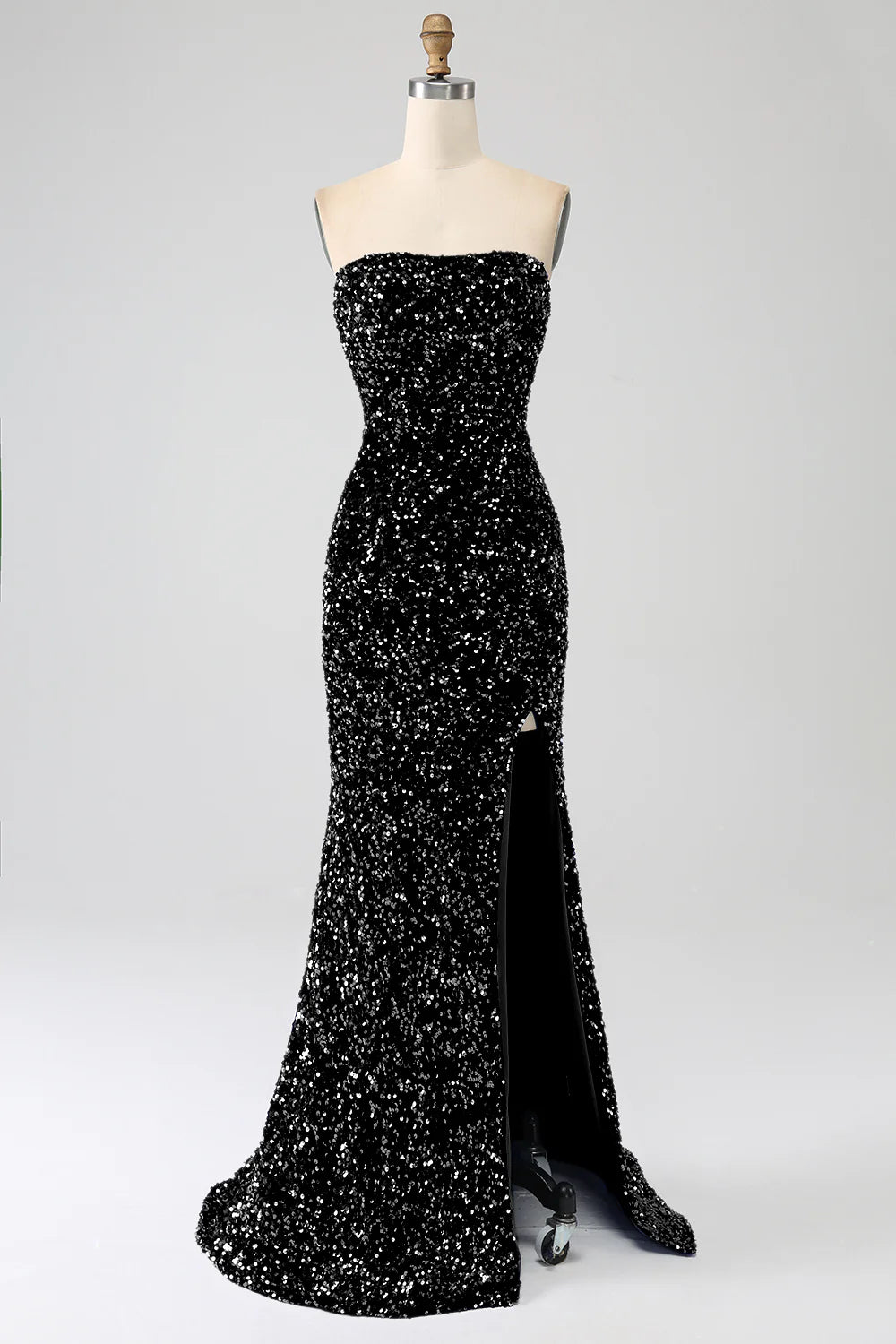 Mermaid strapless sequin long slit ball gown