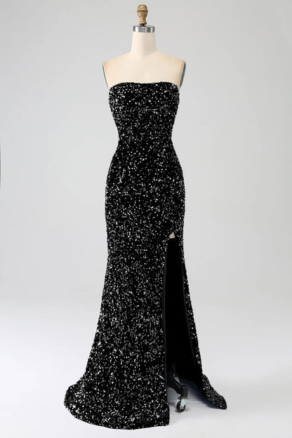 Mermaid strapless sequin long slit ball gown