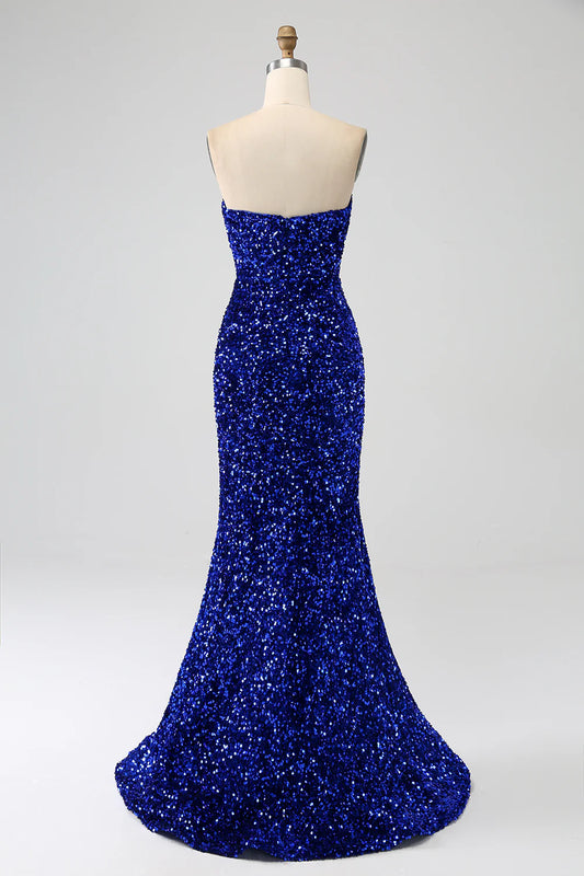 Mermaid strapless sequin long slit ball gown