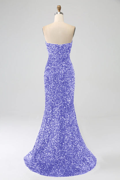 Mermaid strapless sequin long slit ball gown