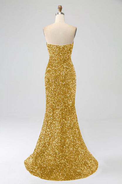 Mermaid strapless sequin long slit ball gown