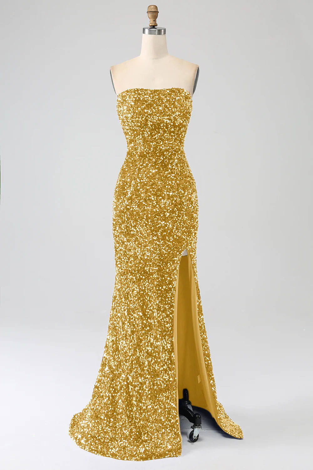 Mermaid strapless sequin long slit ball gown