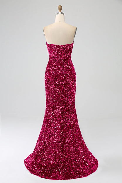 Mermaid strapless sequin long slit ball gown
