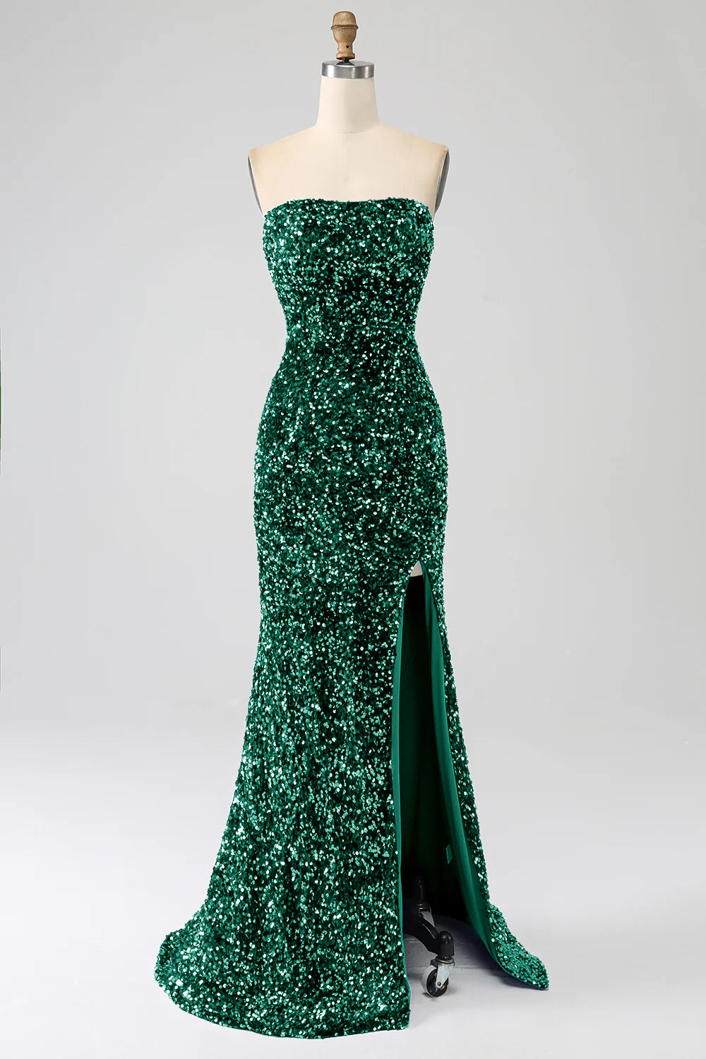 Mermaid strapless sequin long slit ball gown