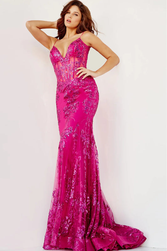 Mermaid thin shoulder strap V-neck dress with sheer tail
