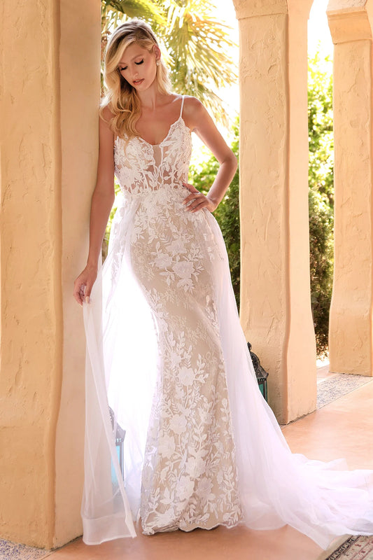 Mermaid thin suspender V-neckline lace decal wedding dress with sheer tail