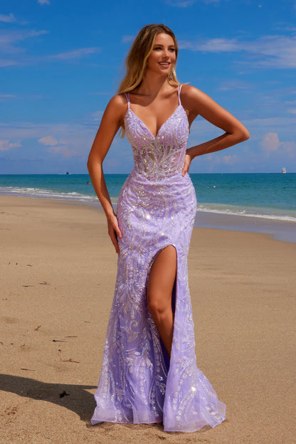 Mermaid thin suspender backless beaded chiffon dress with side slit