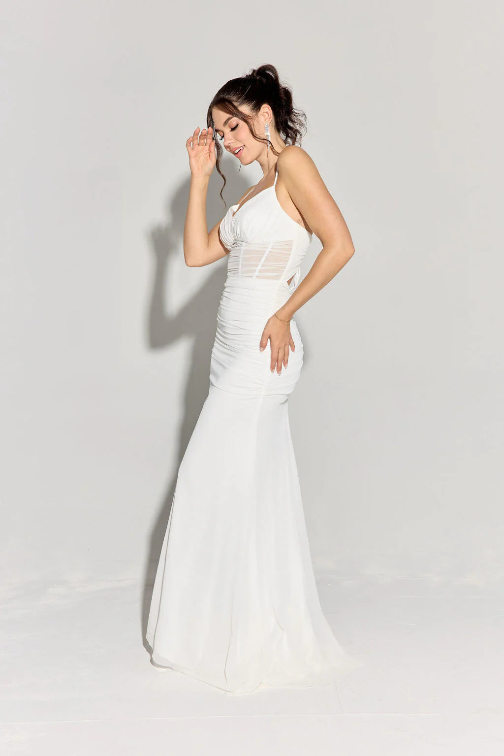 Mermaid transparent tight corset with thin suspenders and crossed backless dress