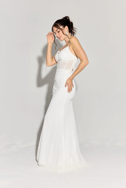 Mermaid transparent tight corset with thin suspenders and crossed backless dress