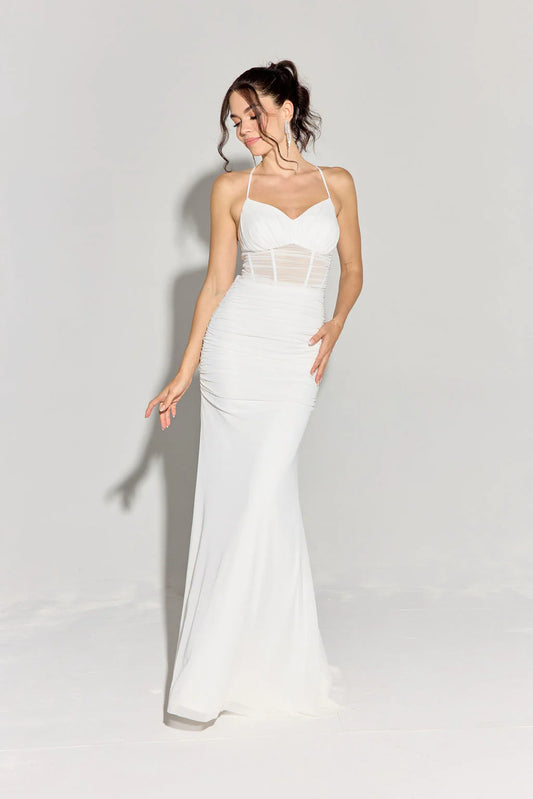 Mermaid transparent tight corset with thin suspenders and crossed backless dress
