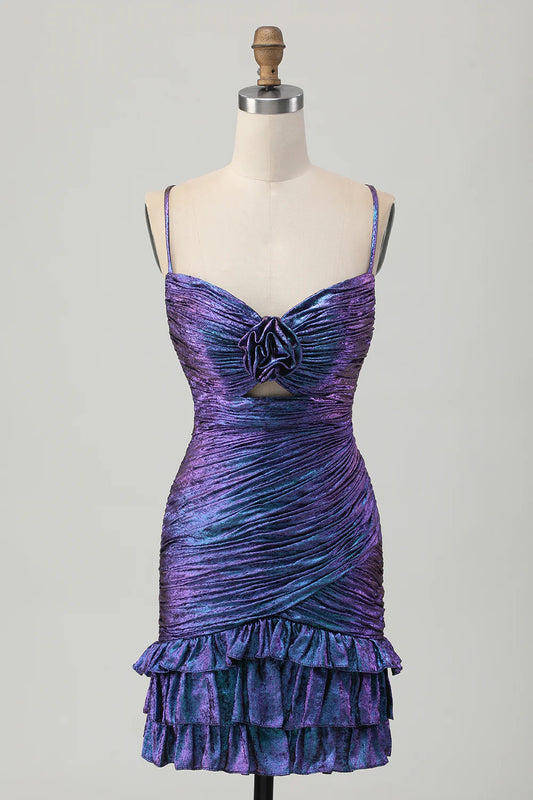 Metallic Blue Purple Bodycon Ruched Short Homecoming Dress with Ruffles